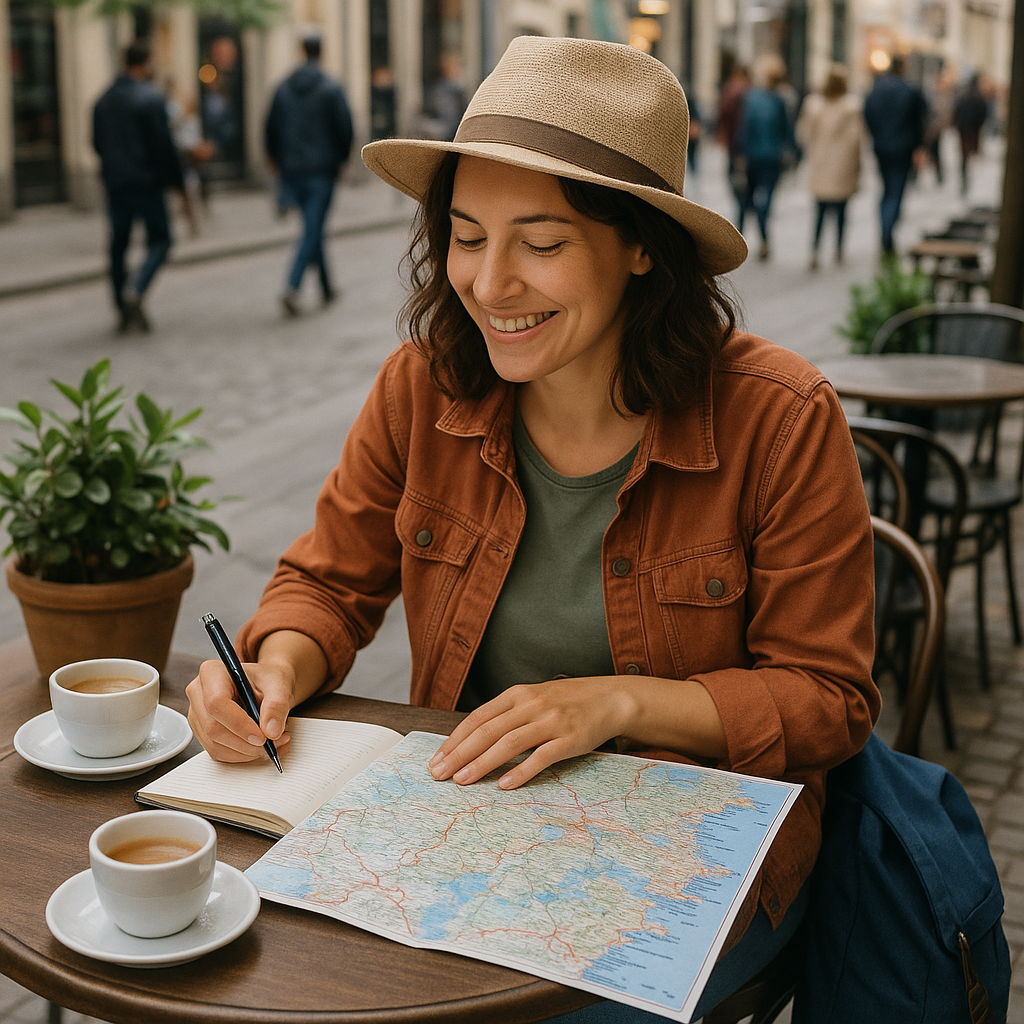 Femme assise dans un café, examinant une carte et prenant des notes sur un futur voyage entre filles.