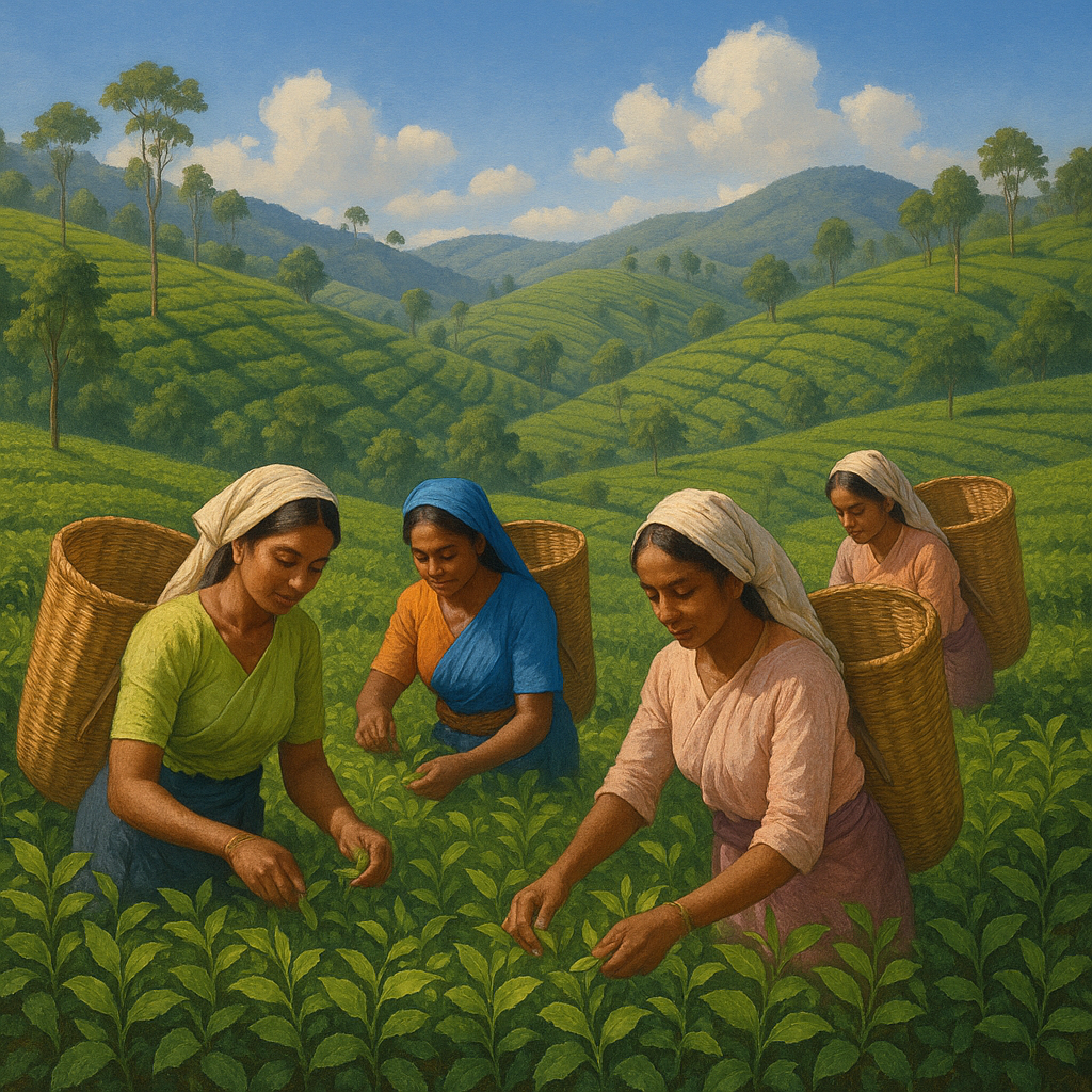 Plantation de thé à Nuwara Eliya, Sri Lanka, montrant des cueilleurs de thé en février.