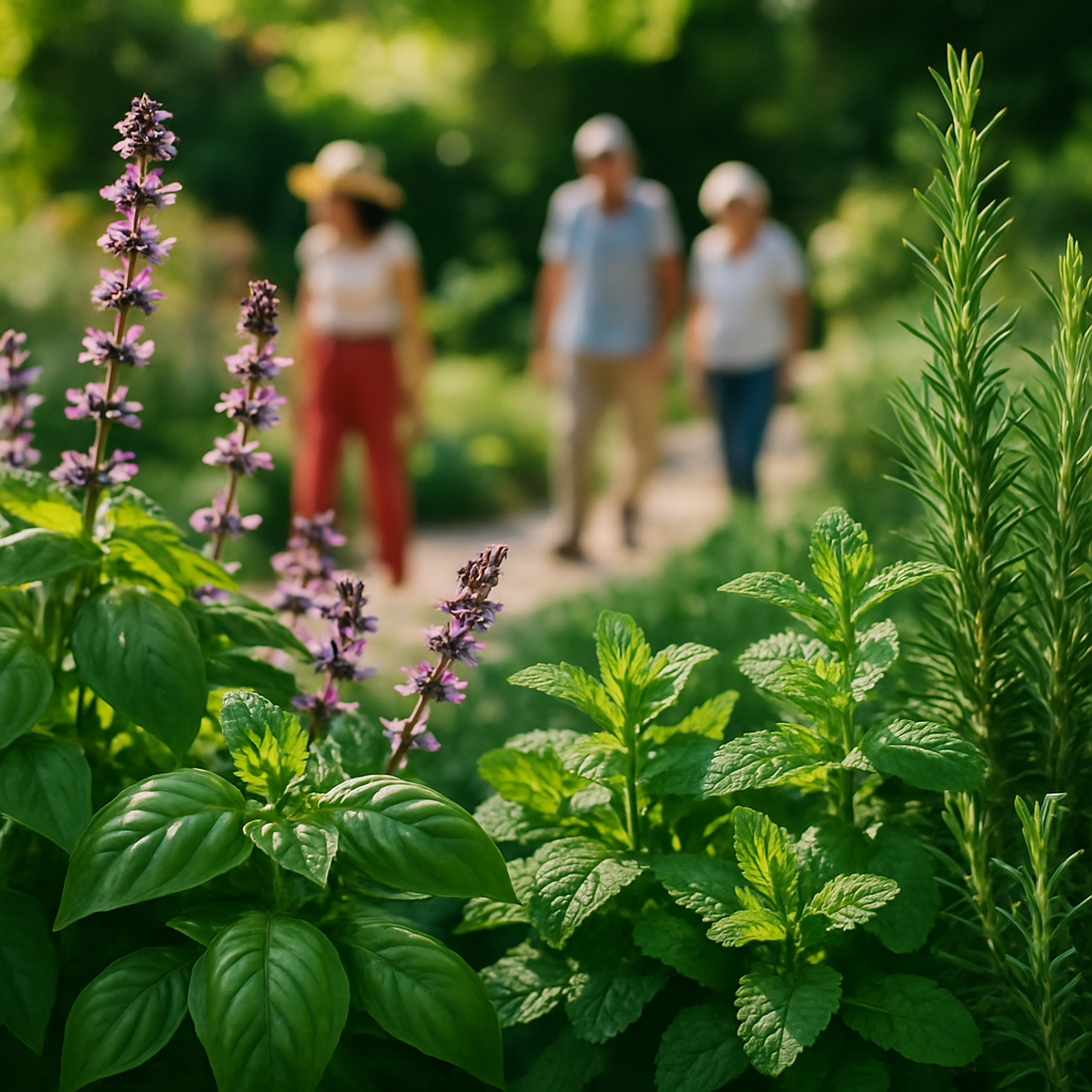 Gros plan sur des plantes aromatiques, basilic et menthe, dans le jardin des sens.