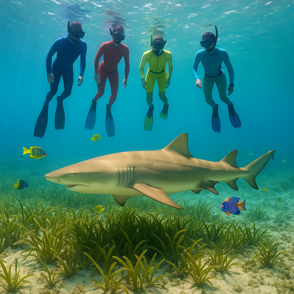 Un groupe de plongeurs en apnée observant un requin citron en Guadeloupe dans un environnement marin naturel.
