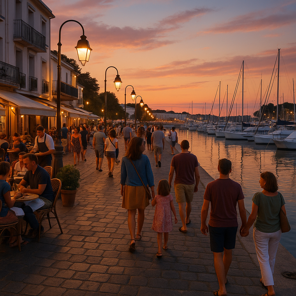 Promenade animée sur le Port de Plaisance de Royan avec des bateaux et des gens profitant de cafés en terrasse au coucher du soleil.
