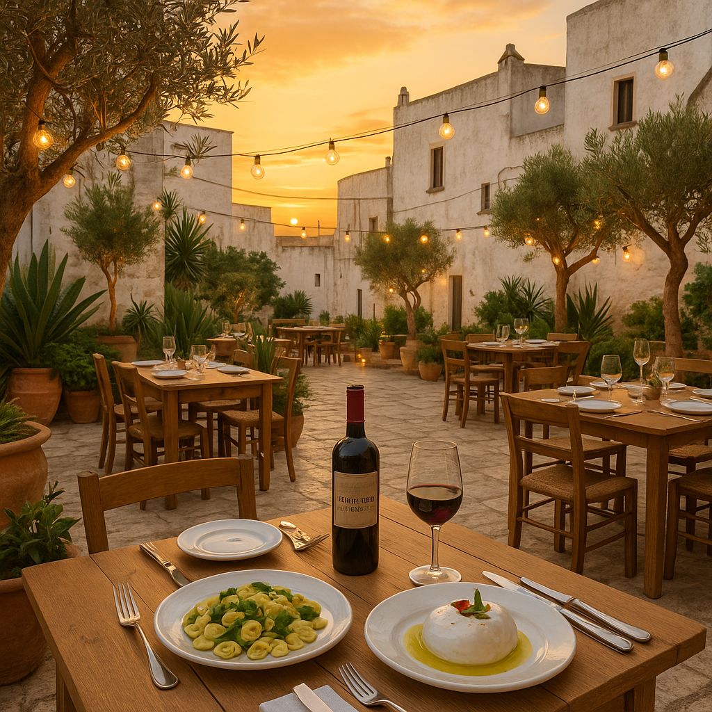 Un restaurant en plein air dans les Pouilles décoré avec des plats traditionnels italiens au coucher du soleil.