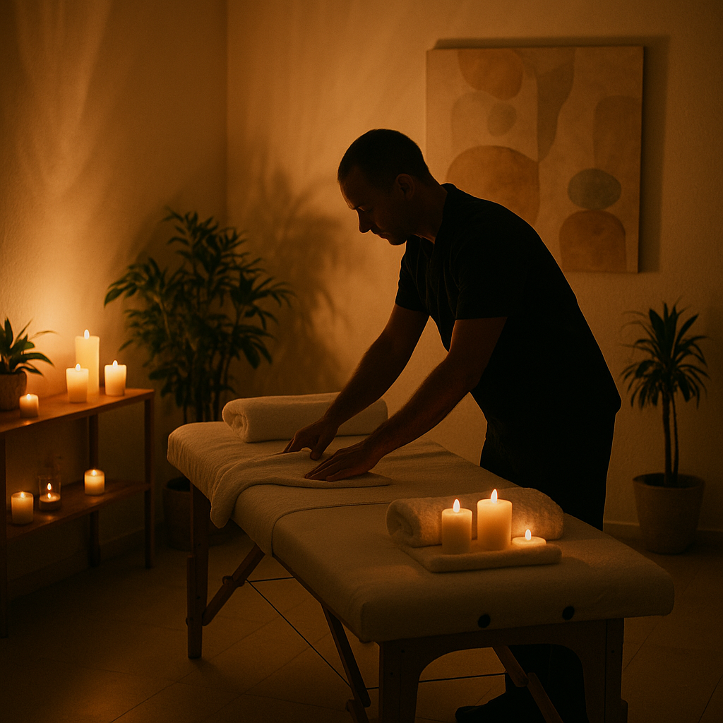 Spécialiste préparant la table de massage