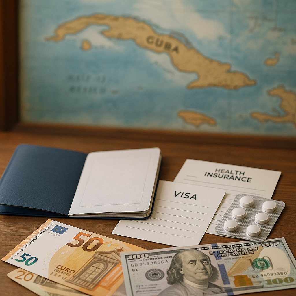 Table avec passeport, visa, assurance santé et monnaie pour voyager à Cuba.