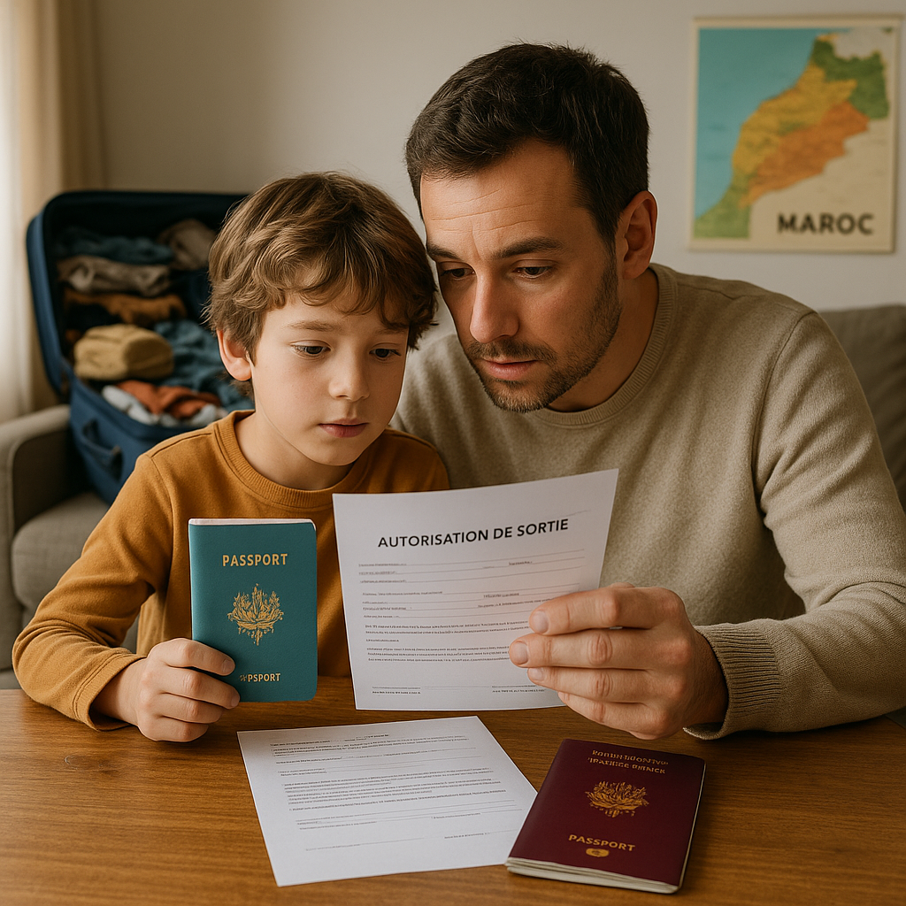 Parents et enfant examinant leurs passeports et documents de voyage à la maison.