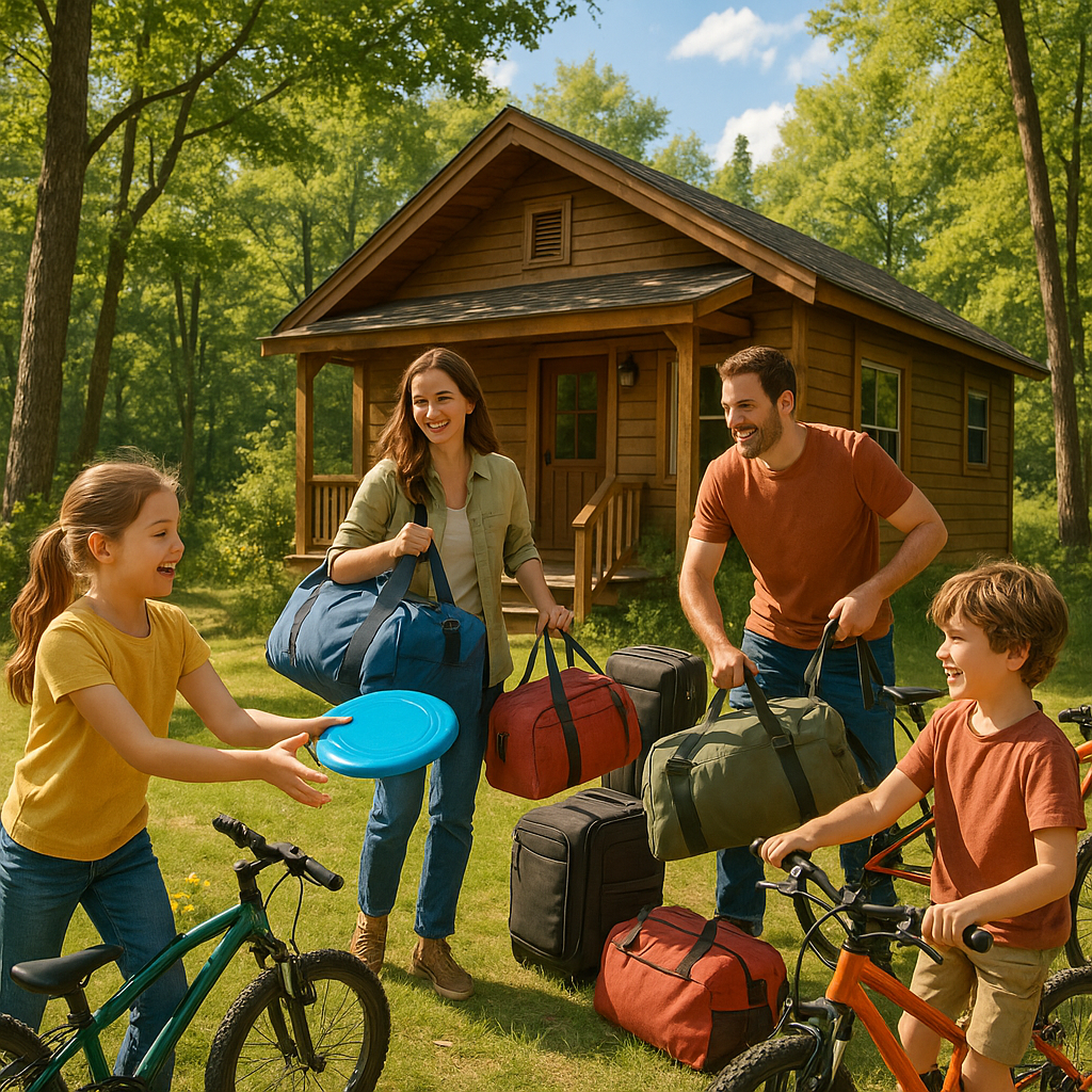 Famille préparant leur équipement pour un camping au cœur de la nature près d'un gîte en bois.