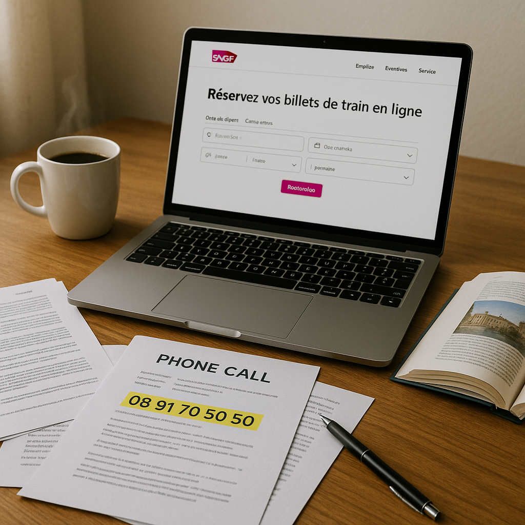 Espace de travail avec un ordinateur, documents et tasse de café, prêt pour un appel à la SNCF