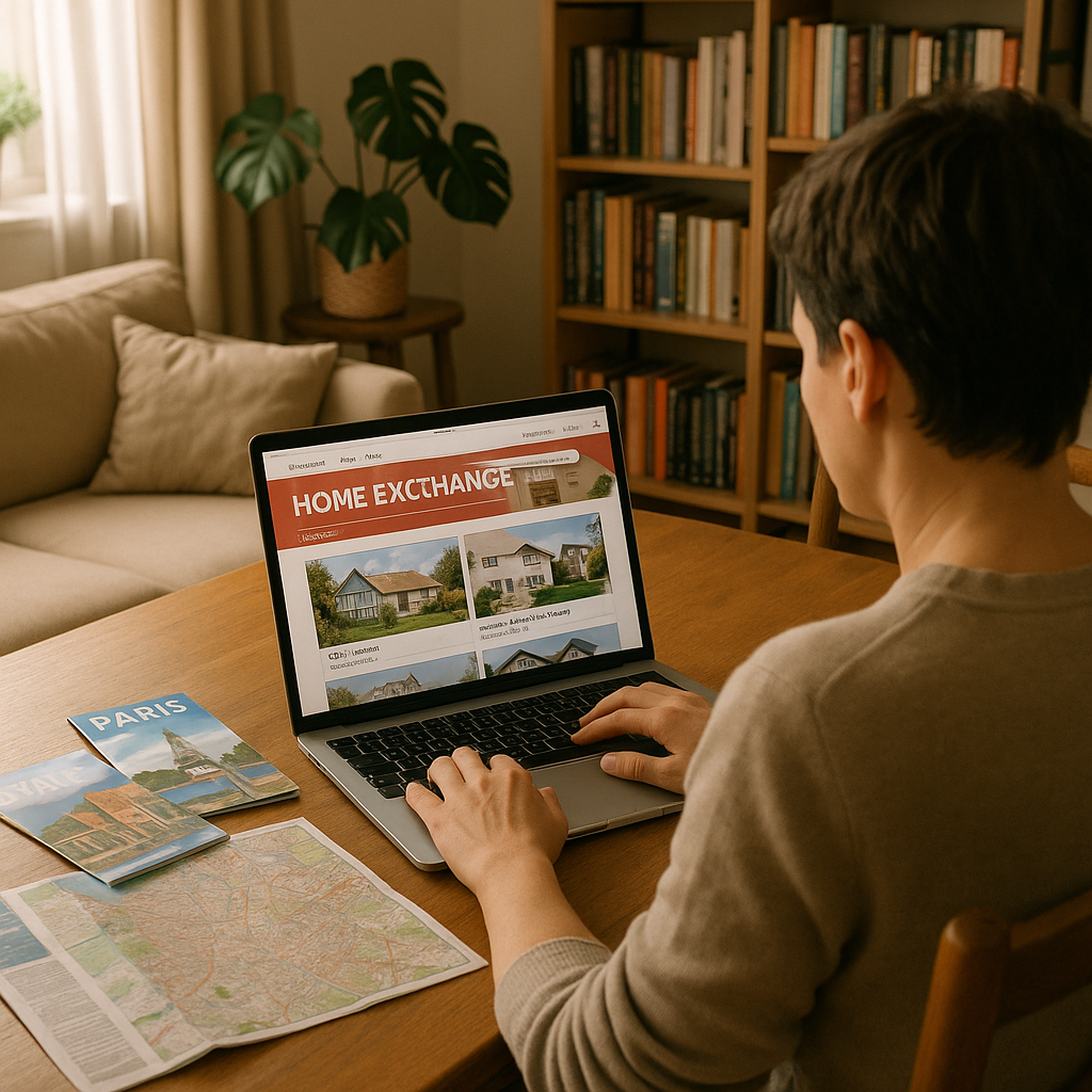 Personne consultant un site d'échange de maison dans un salon accueillant.