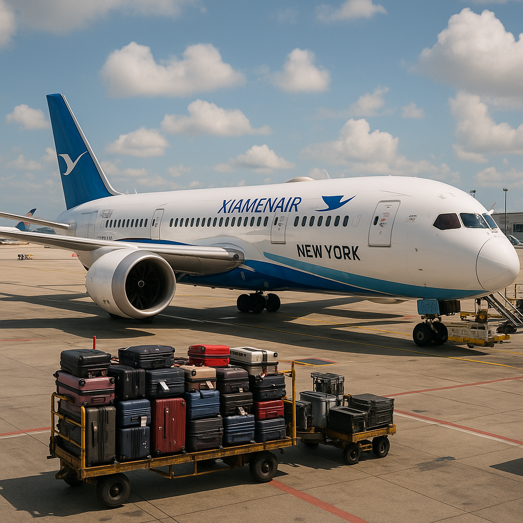 Avion Xiamen Air sur le tarmac de l'aéroport, prêt pour un vol vers New York.