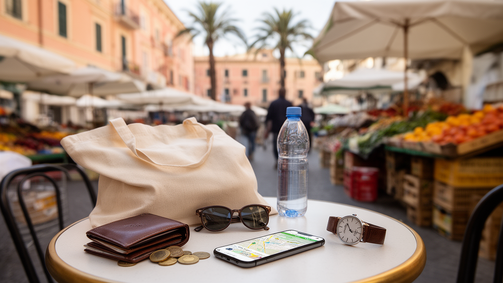 Préparation d’une visite matinale au marché Bordighera avec sac, monnaie et plan près des étals