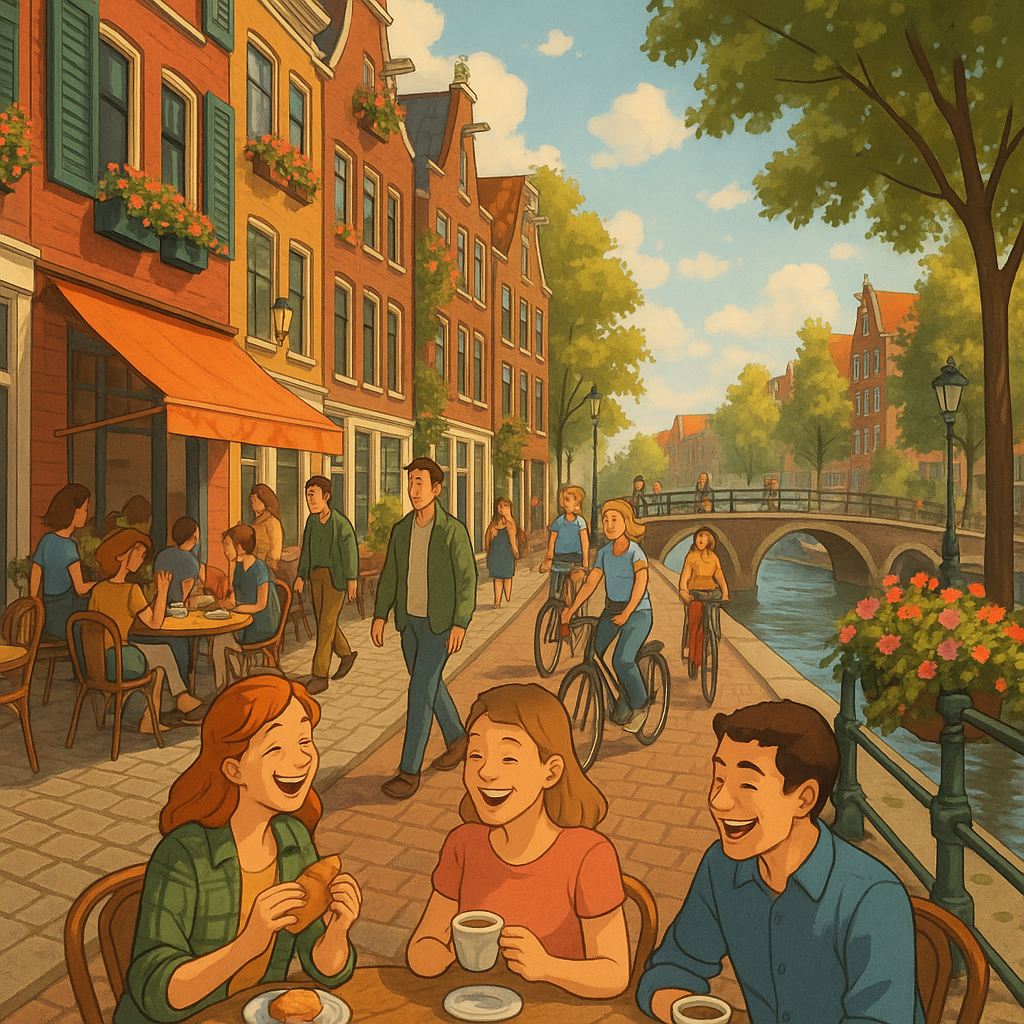 Scène du quartier Jordaan à Amsterdam avec des canaux, des maisons colorées et des terrasses de cafés.