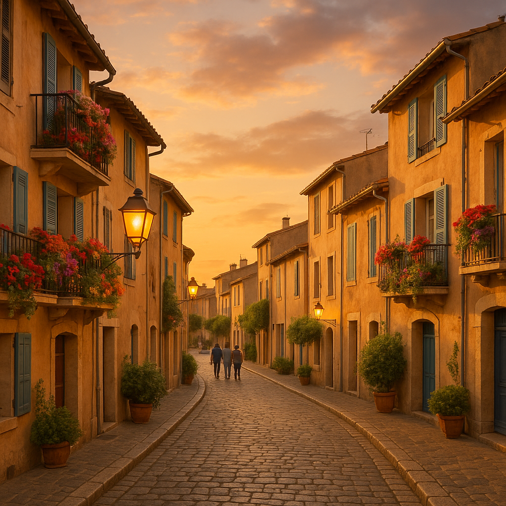 Scène d'un quartier ensoleillé de Martigues avec des maisons typiques et une ambiance paisible.
