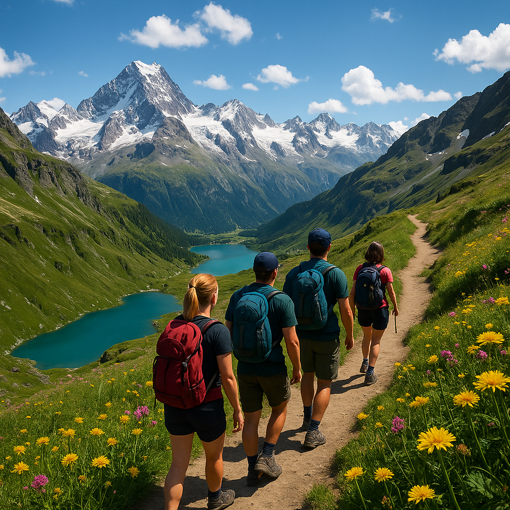 Randonnée en montagne dans les Alpes Suisses en août avec des randonneurs sur un sentier.