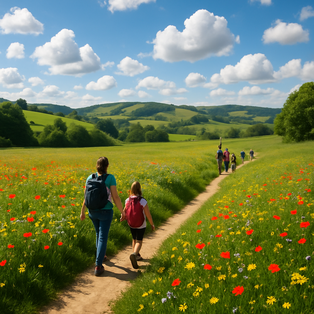 Randonnée en nature dans les paysages verdoyants de la Normandie avec un ciel bleu