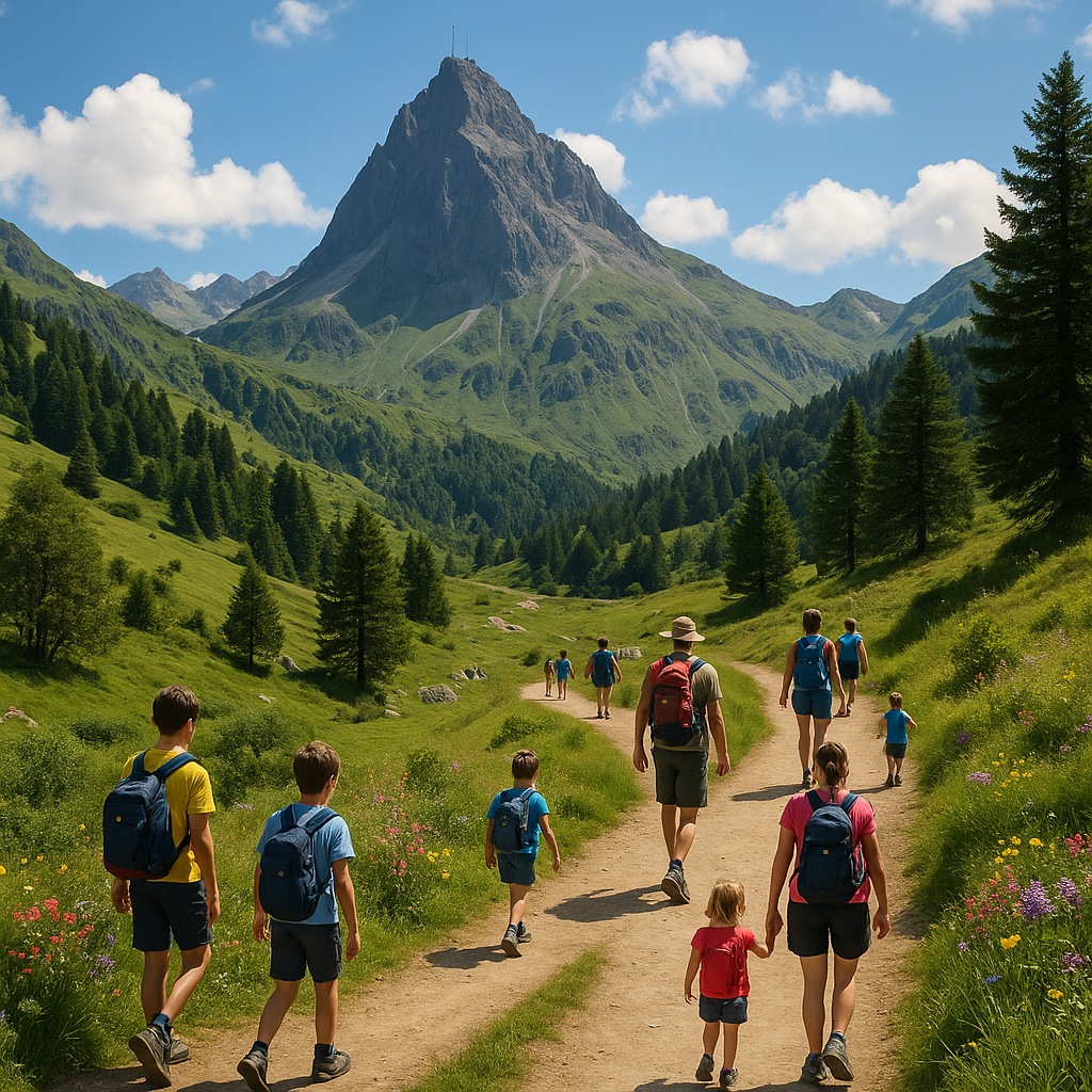 Scène de randonnée près du Pic du Midi avec des familles et amis sur un sentier entouré de montagnes.