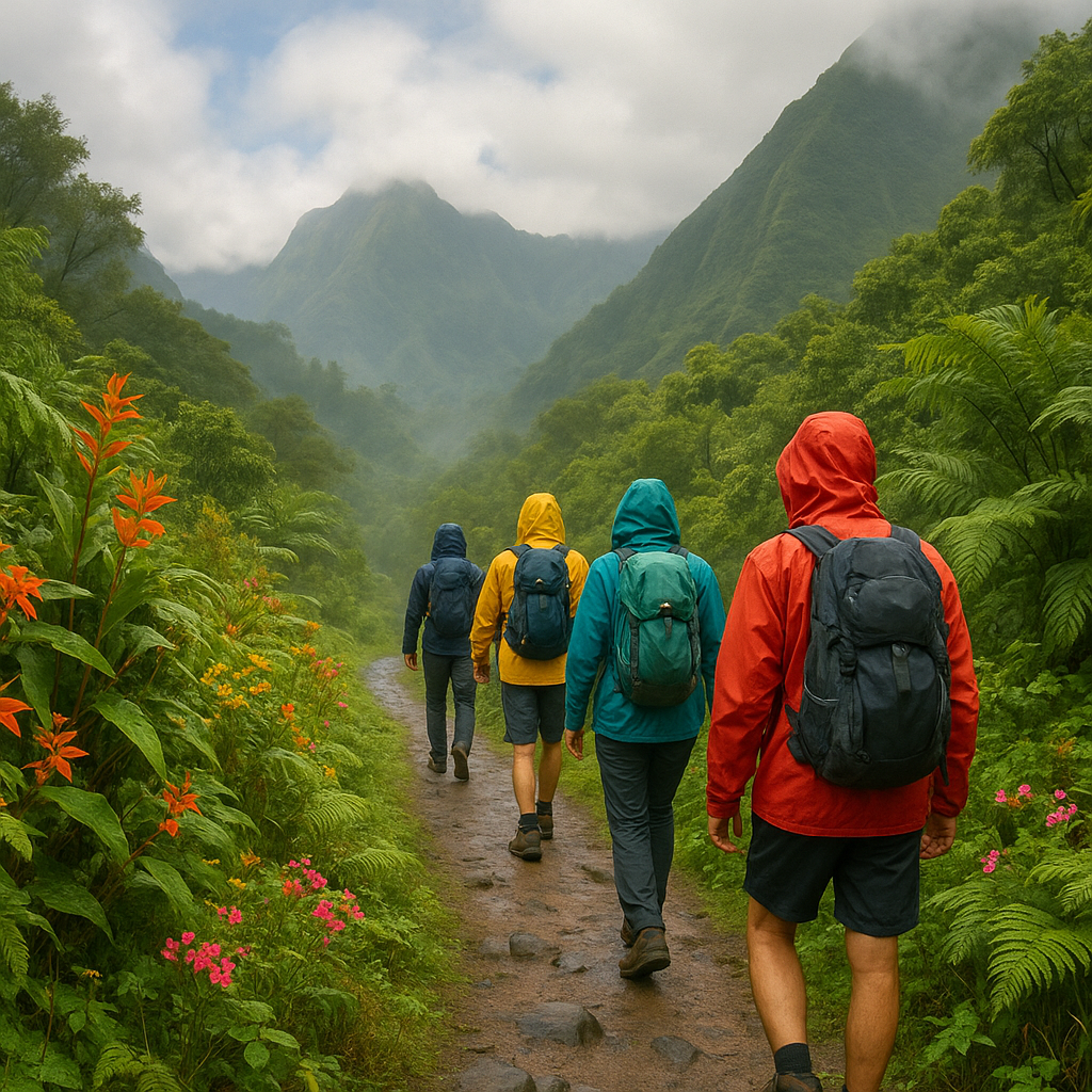 Randonneurs sur un sentier de montagne à La Réunion en février, entourés de végétation luxuriante et de paysages tropicaux.