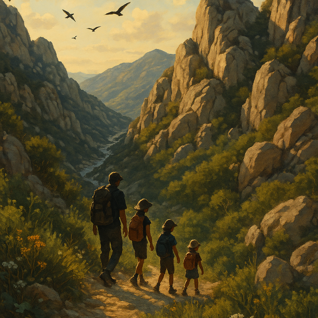 Groupe de randonneurs sur un sentier des Gorges d'Héric, avec des plantes sauvages et une vue panoramique en arrière-plan.