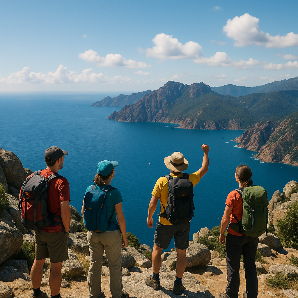 Groupe de randonneurs au sommet du Capu d'Orto, surplombant le golfe de Porto en Corse.