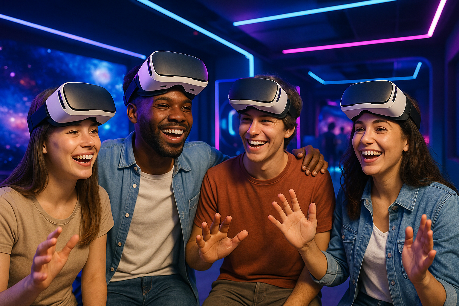 Groupe d'amis profitant de l'expérience de réalité virtuelle chez EVA Tours.
