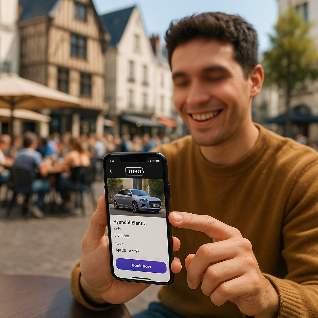 Utilisateur réservant une voiture sur Turo dans un café à Tours.