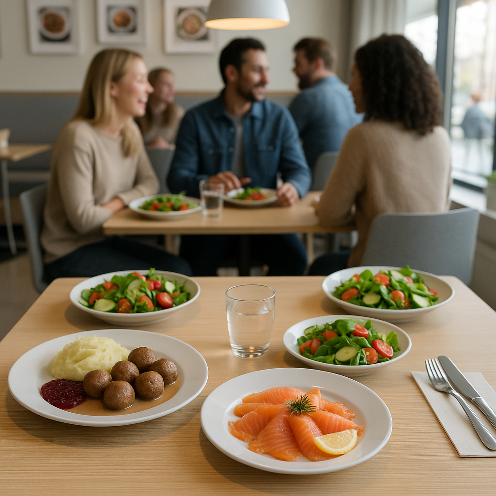 Table du restaurant IKEA avec des plats suédois et clients appréciant leur repas