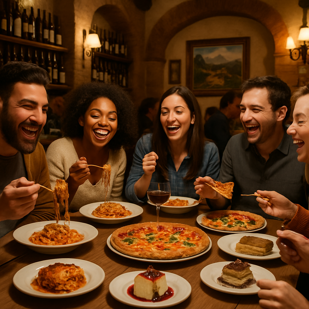 Groupe de personnes savourant des plats italiens dans un restaurant chaleureux.