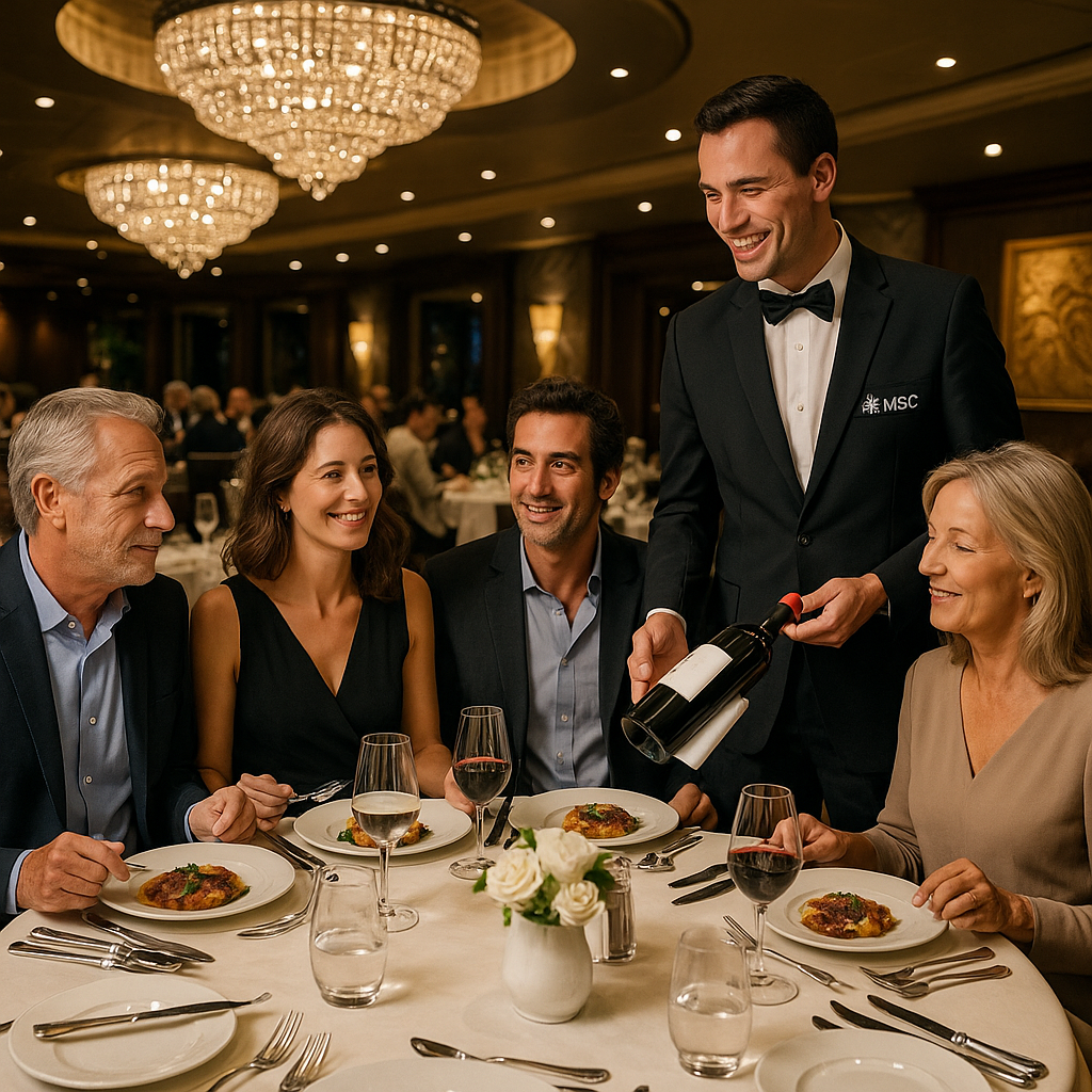 Intérieur d'un restaurant du MSC Fantasia, avec des tables raffinées et des passagers savourant une expérience gastronomique.