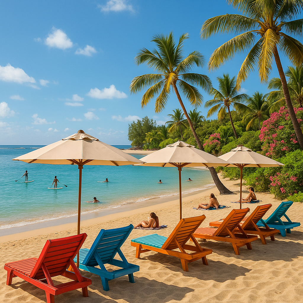 Plage de La Réunion avec chaises longues et baigneurs profitant du soleil.
