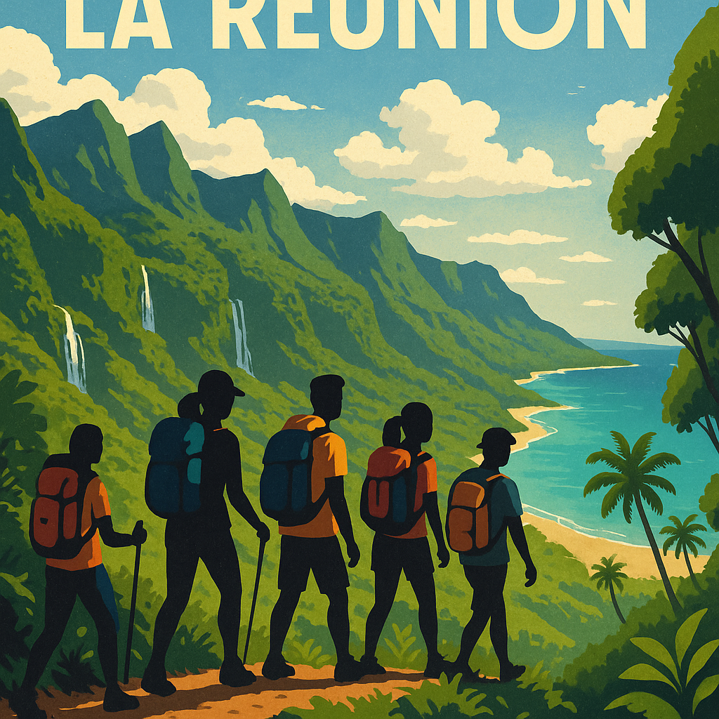 Randonneurs sur un sentier de montagne à La Réunion avec une vue sur l'océan.