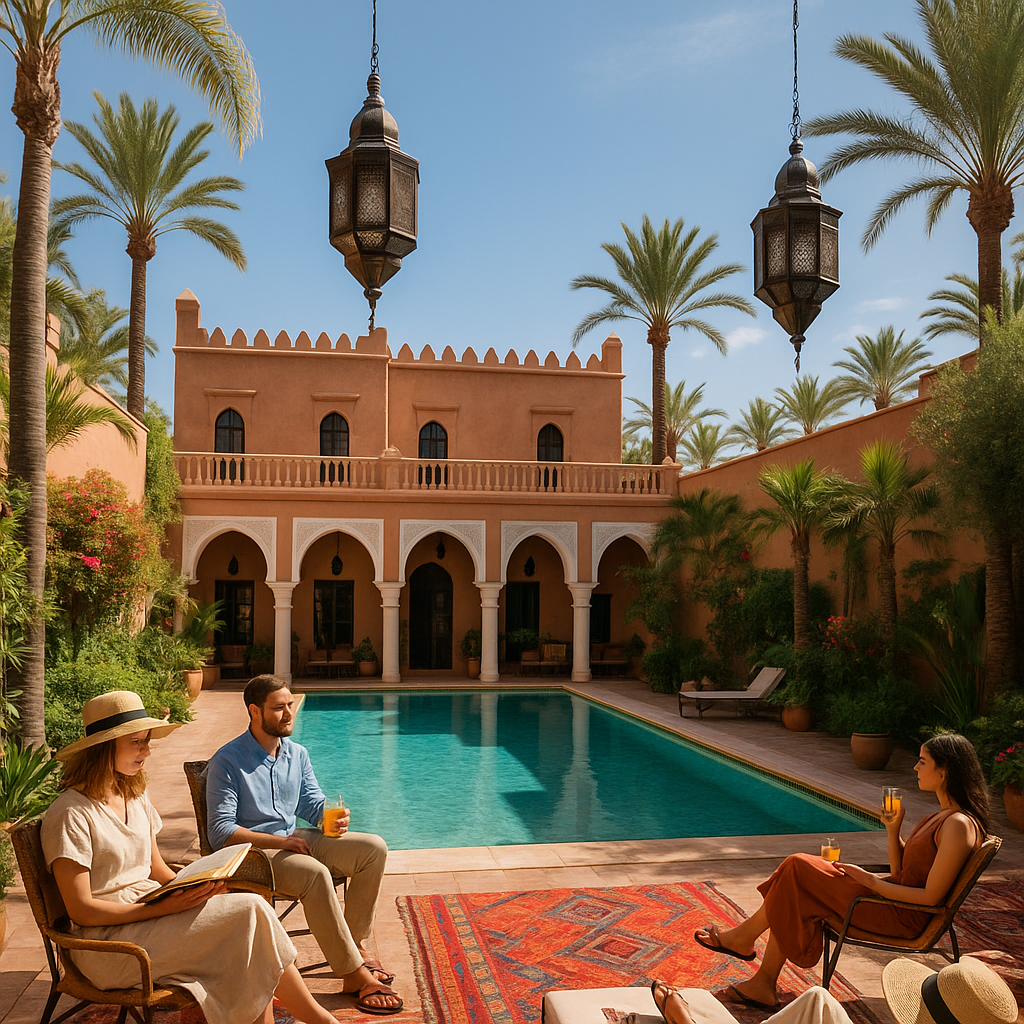 Voyageurs se relaxant dans un riad marocain avec piscine en février sous un ciel ensoleillé.