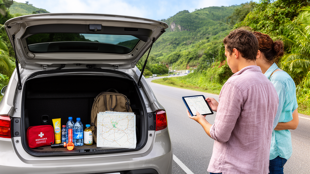 Préparation d’un road trip sécurisé en République dominicaine avec voiture, eau, trousse de secours et itinéraire vérifié