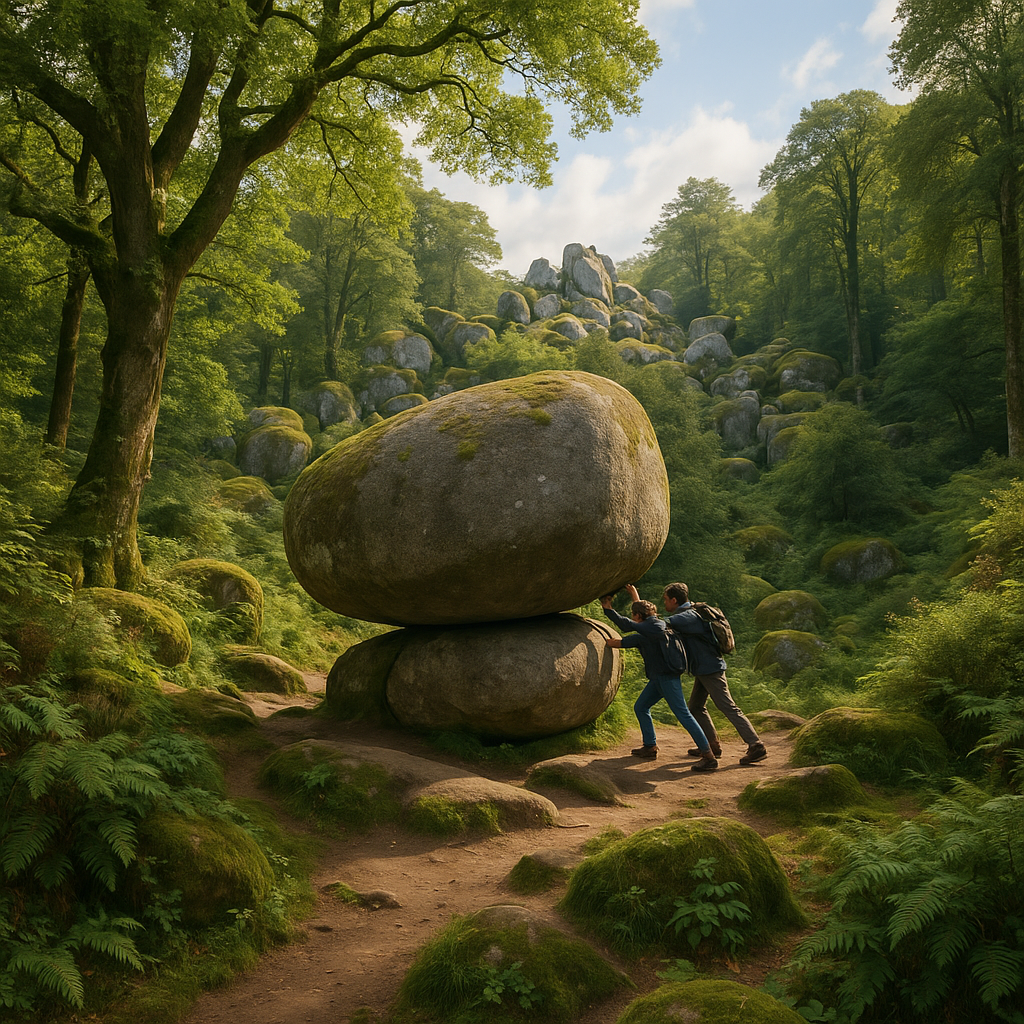 La Roche Tremblante dans la Forêt de Huelgoat, entourée de visiteurs et de végétation luxuriante.