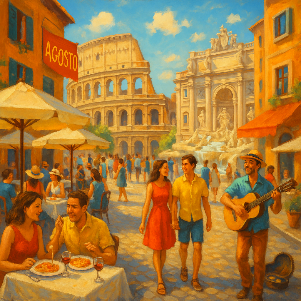 Rues animées de Rome en août avec des monuments emblématiques et des gens profitant de la culture.