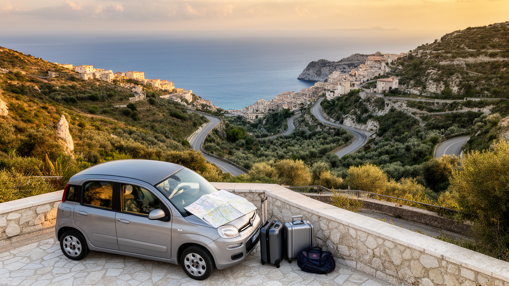 Voiture de location sur une route panoramique près de Maratea en Basilicate avec vue sur la mer