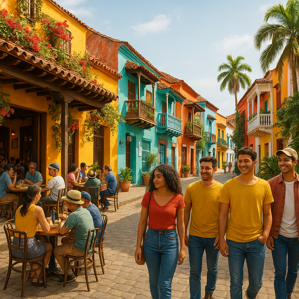 Scène de rue typique en Colombie avec des cafés et des habitants souriants mettant en valeur la convivialité et l'ambiance locale.