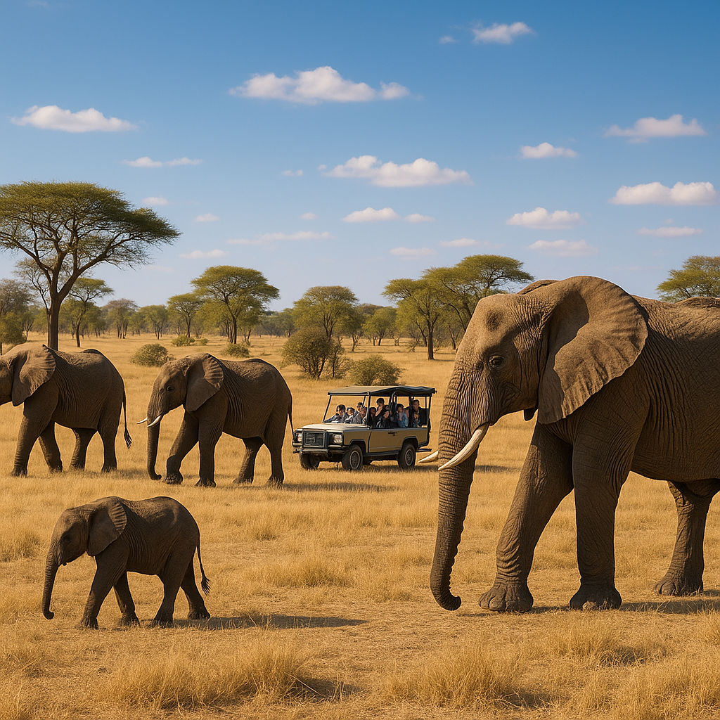 Éléphants en safari au Zimbabwe avec des touristes observant à distance