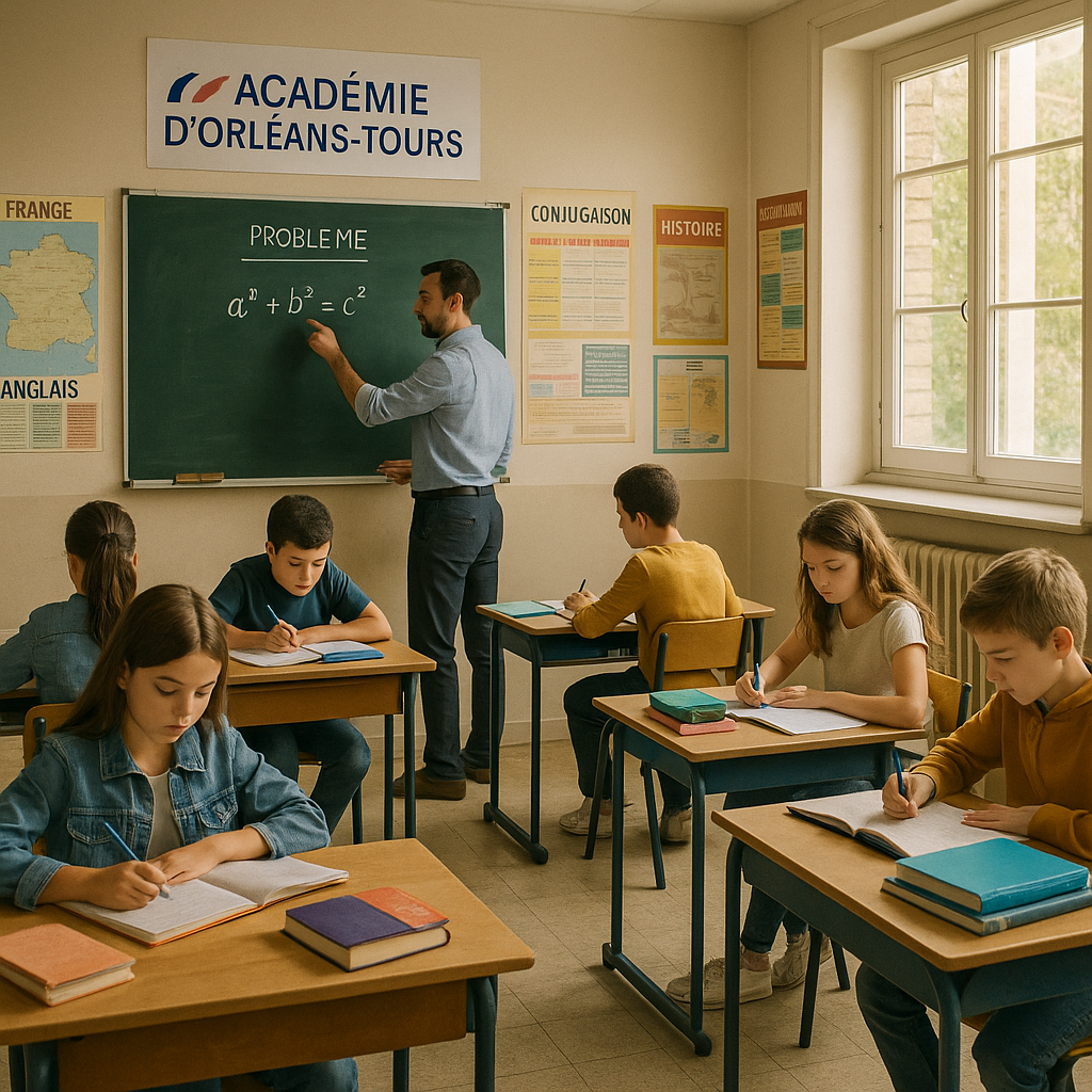 Élèves en cours dans une salle de classe de l'Académie d'Orléans-Tours, avec un enseignant au tableau.