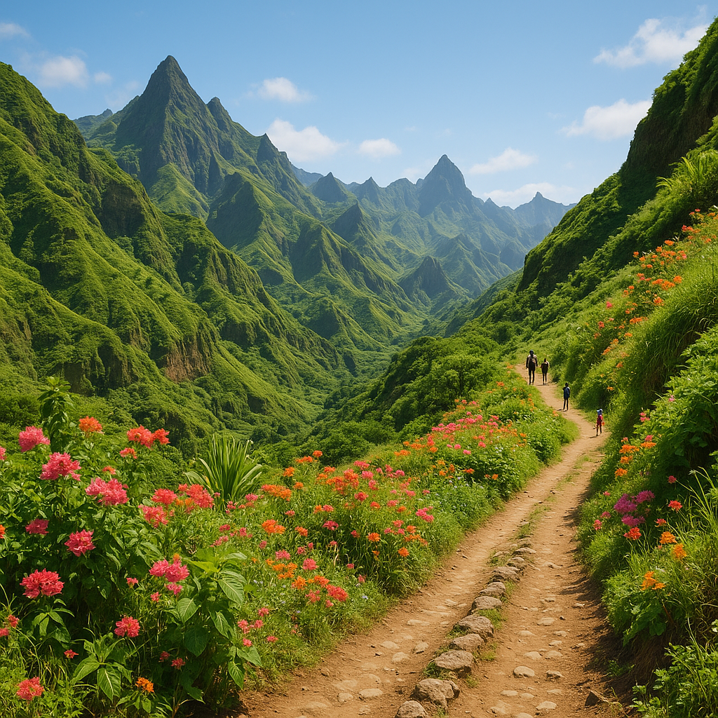 Sentier de randonnée dans les montagnes verdoyantes de Santo Antão, Cap-Vert
