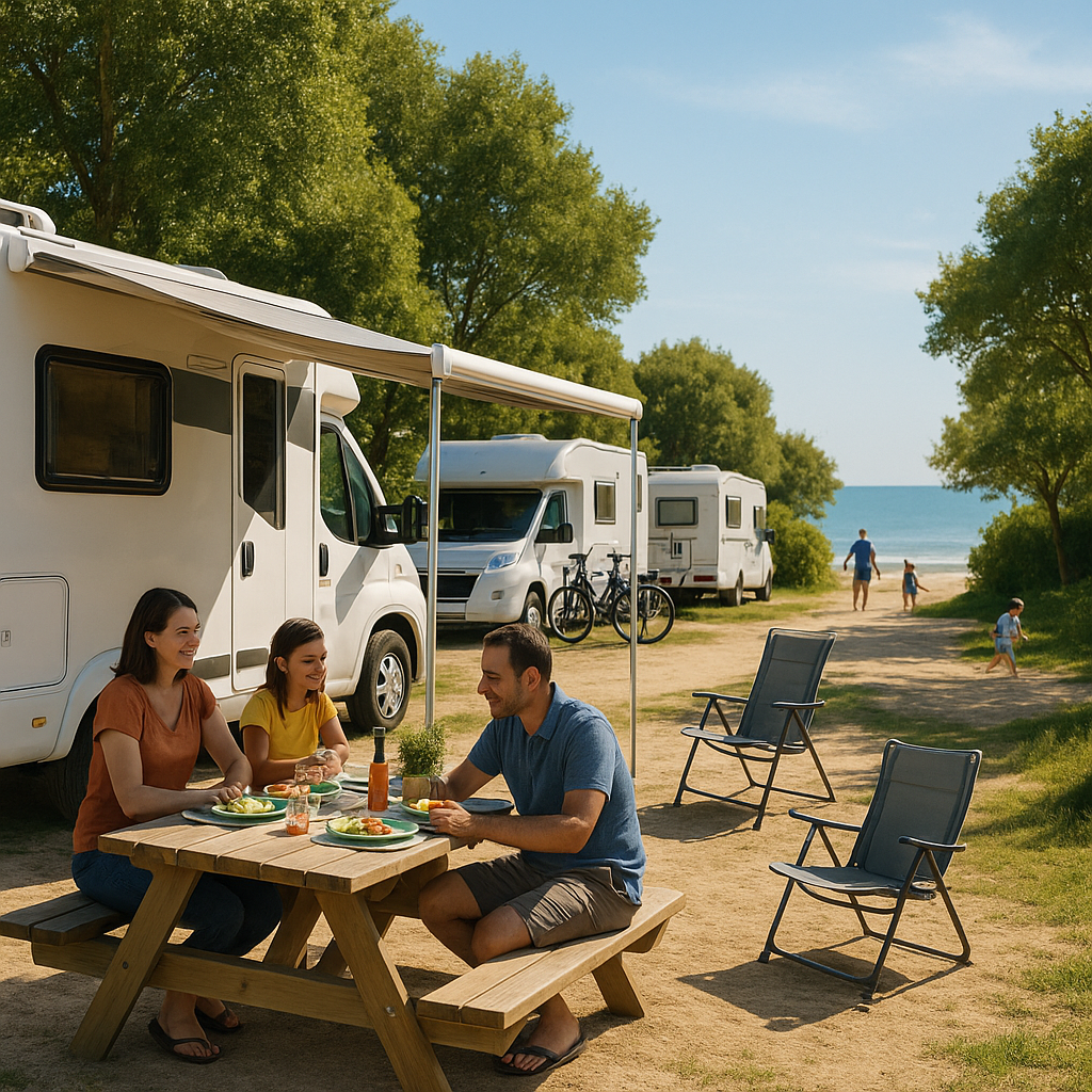 Familles profitant d'un repas en plein air à l'aire de camping-car de Pornic, avec des camping-cars et la plage en arrière-plan.