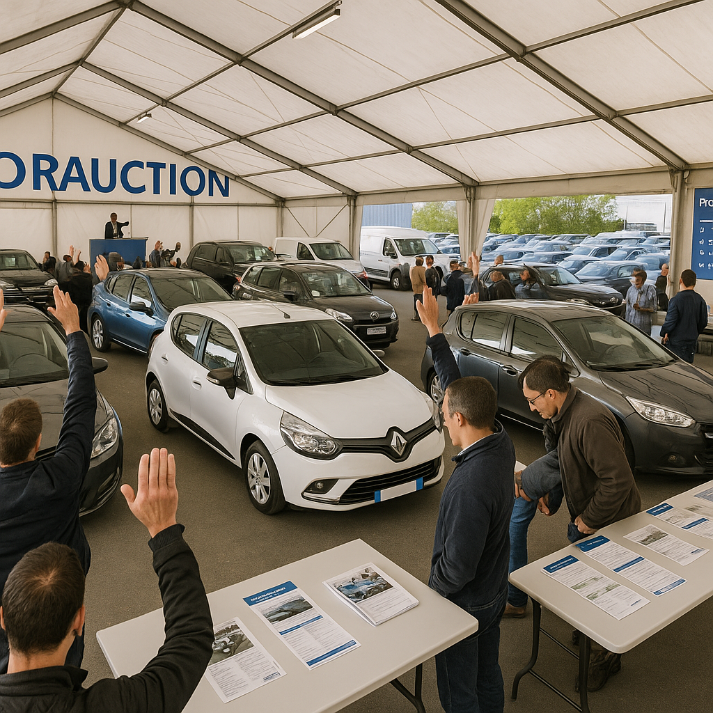 Panorama d'un site de vente aux enchères de voitures d'occasion à Tours avec des véhicules exposés et des enchérisseurs participant.