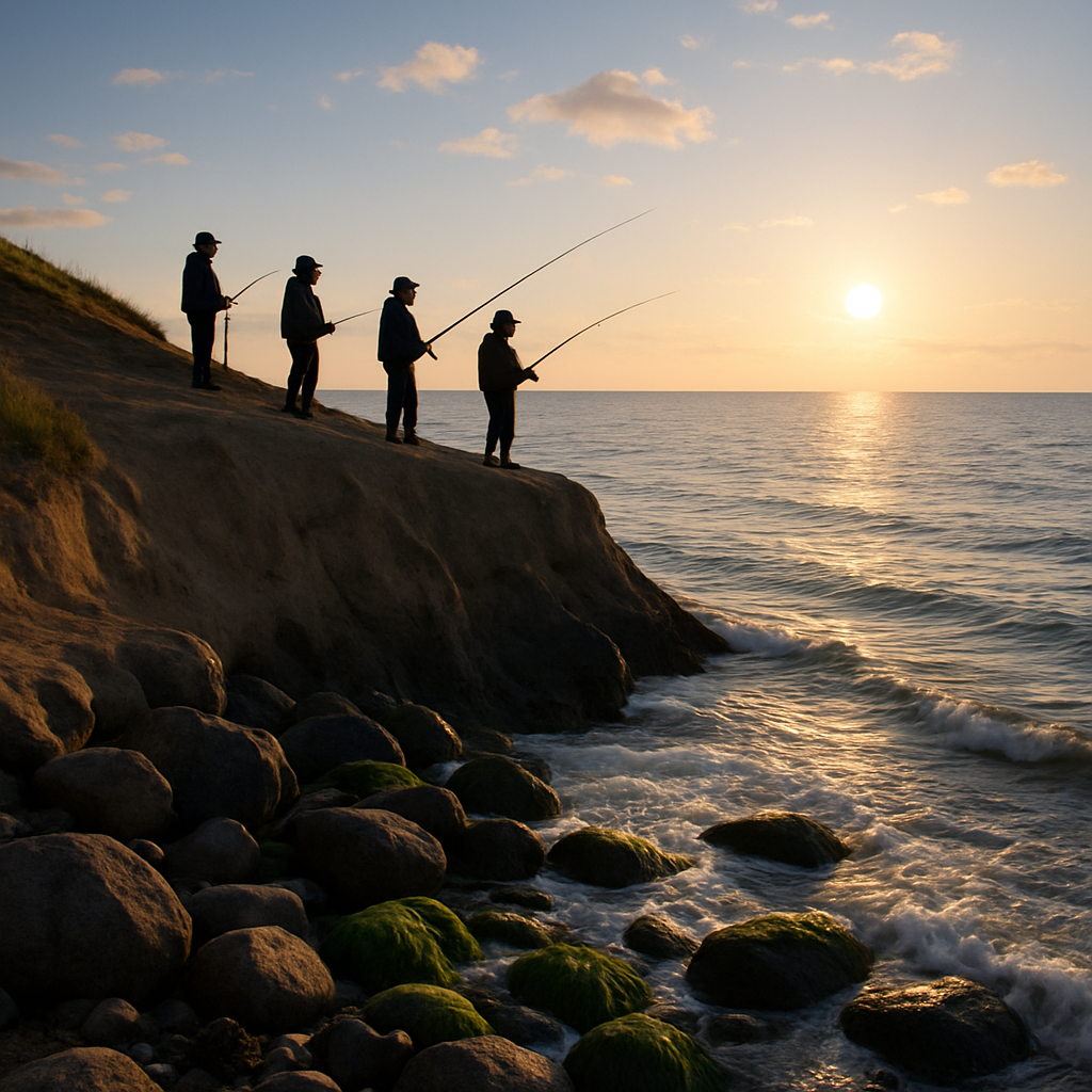 Des pêcheurs sur une falaise à Stanget, observant la mer au coucher du soleil, avec des vagues et des rochers en premier plan.