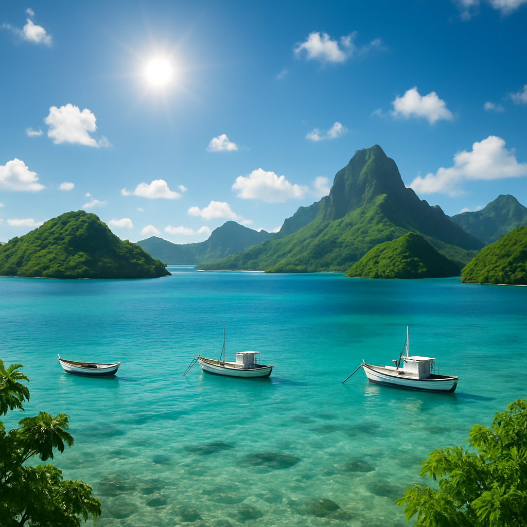 Vue panoramique d'un archipel en Polynésie française avec des îles verdoyantes et une mer turquoise.