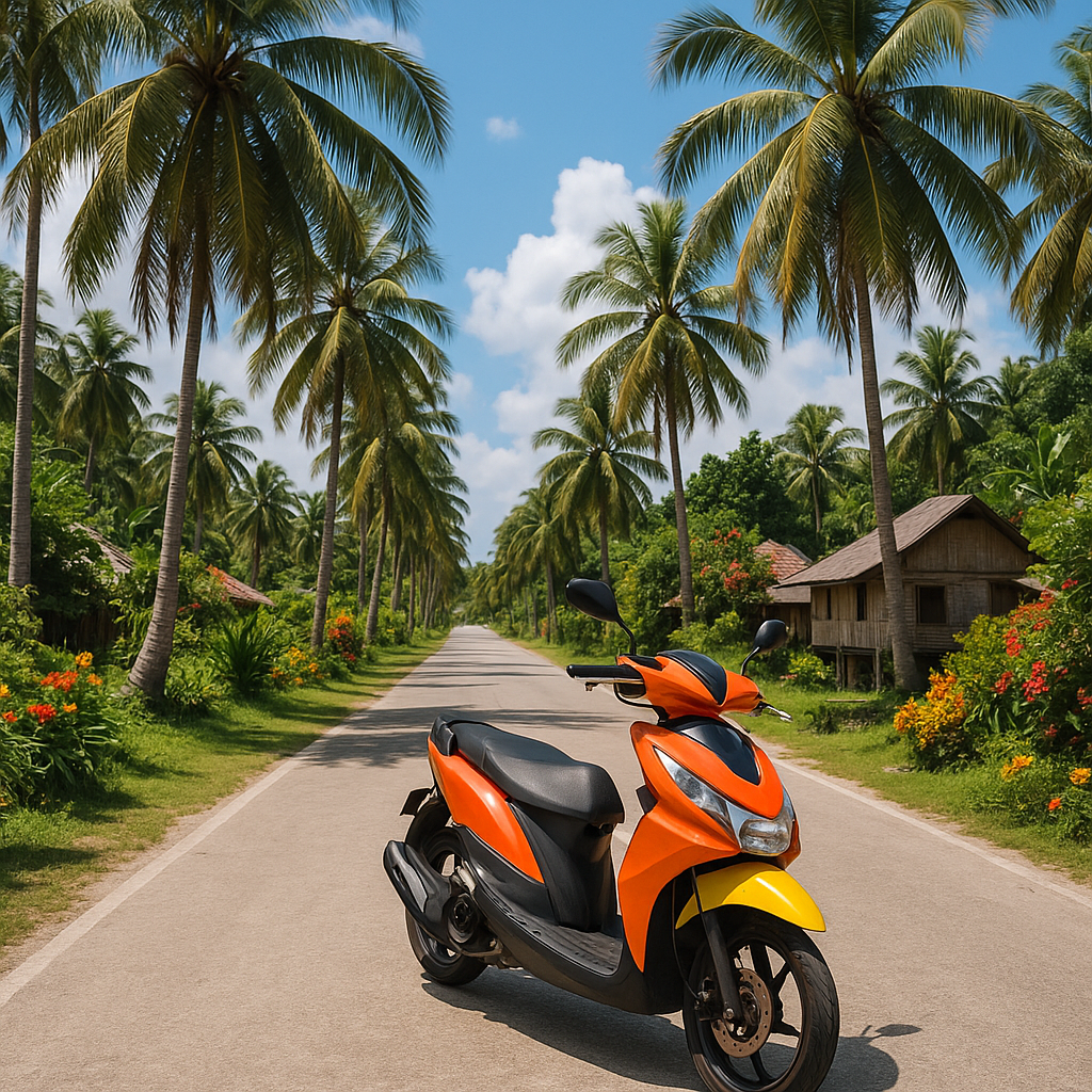 Scooter garé sur une route à Siquijor, avec des palmiers et des habitations typiques en arrière-plan.