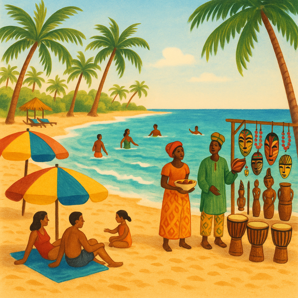 Plage ensoleillée à Saly, Sénégal, avec vacanciers, parasols colorés et vendeurs d'artisanat.