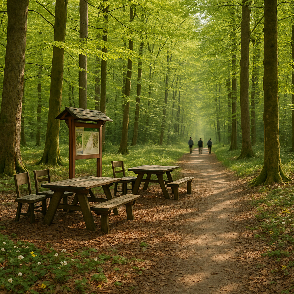 Sentier forestier de la forêt de Mormal avec arbres, aire de pique-nique et silhouettes de randonneurs.