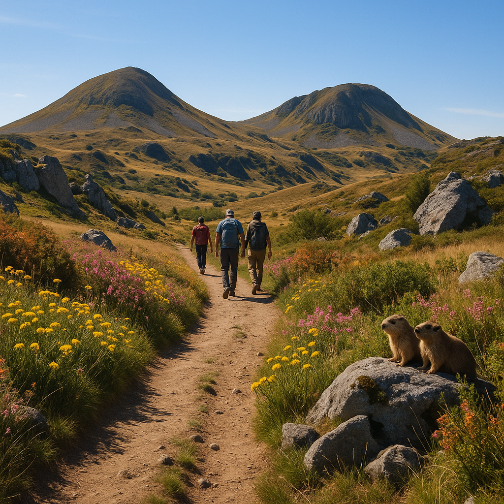 Sentier de randonnée au Mont Mézenc avec randonneurs et faune en arrière-plan.