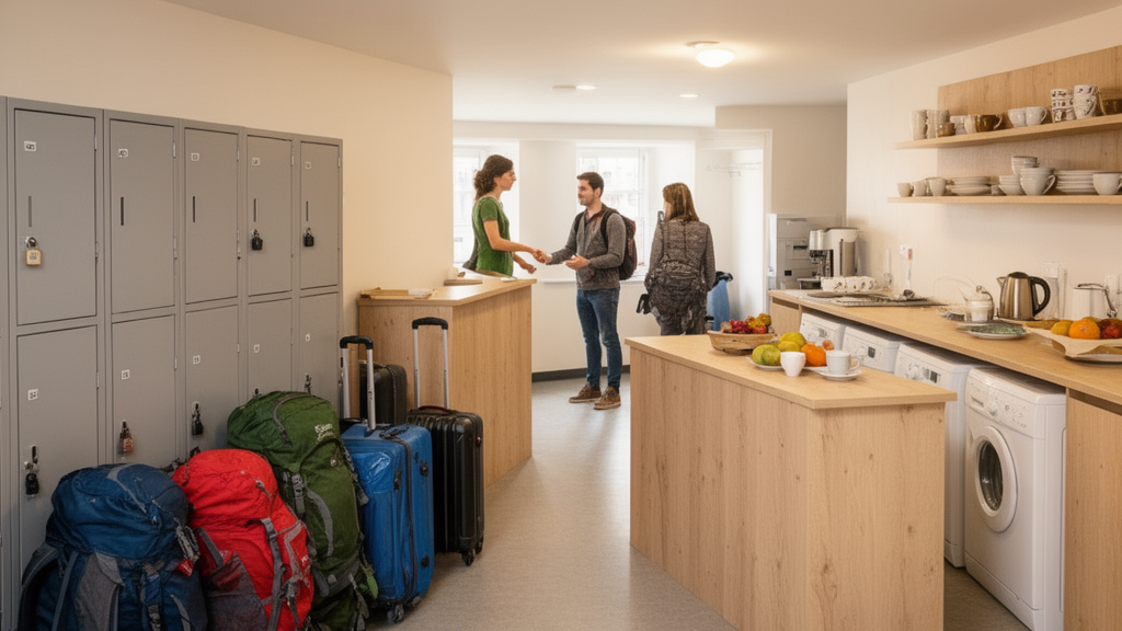 Services pratiques d’une auberge de jeunesse avec casiers, bagagerie, réception, cuisine commune et laverie.