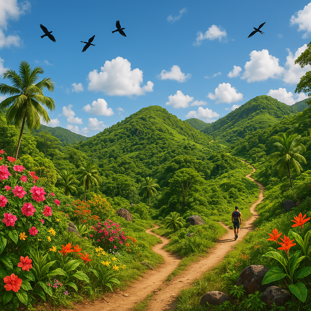 Vue panoramique des collines verdoyantes aux Seychelles