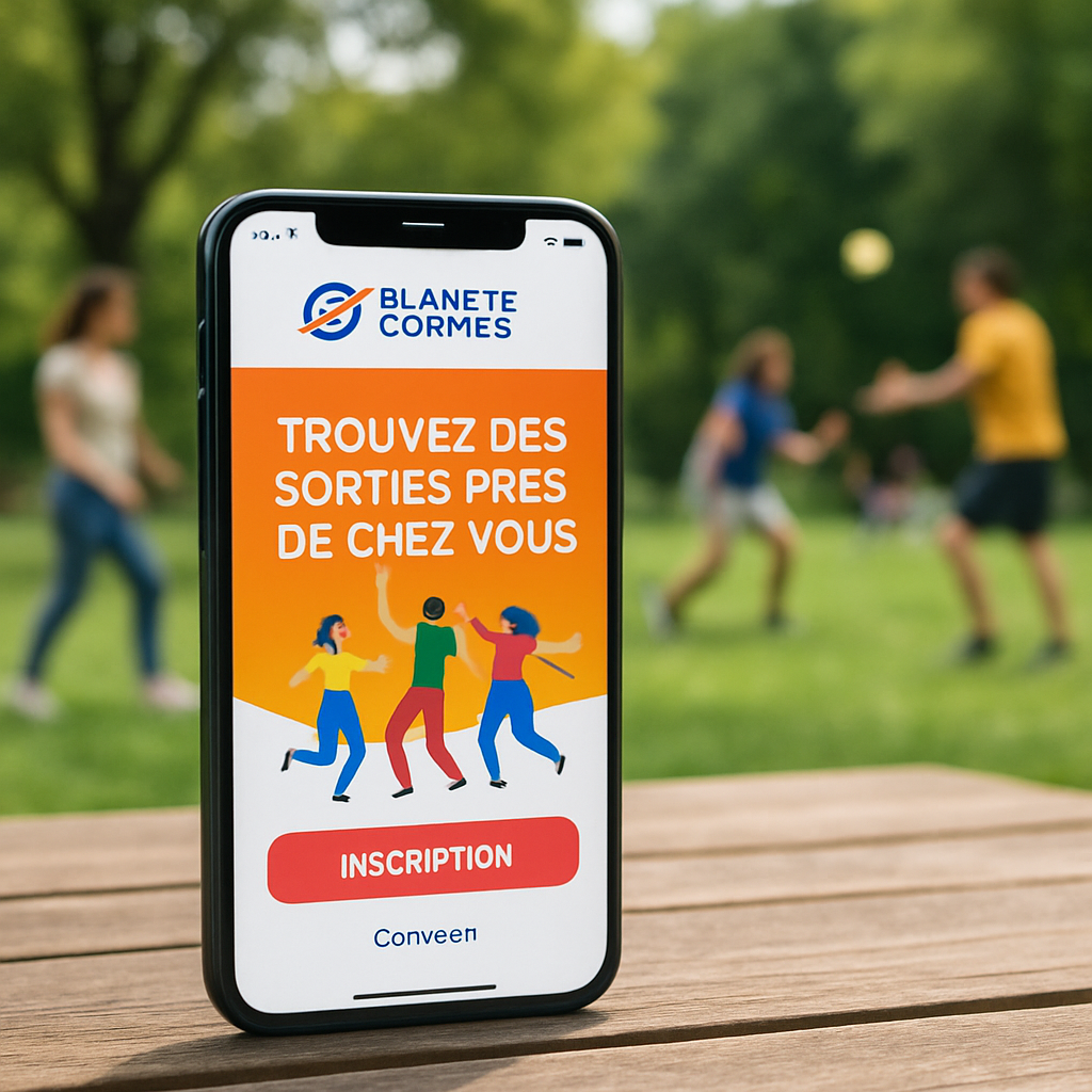 Smartphone affichant l'interface de Planète Sorties dans un parc.