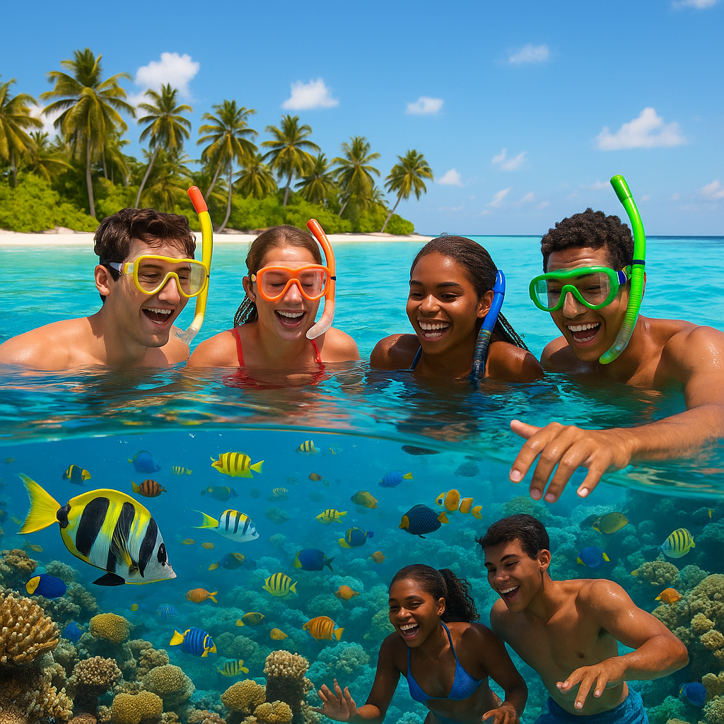 Groupe d'amis en train de faire du snorkeling aux Maldives près d'un récif corallien